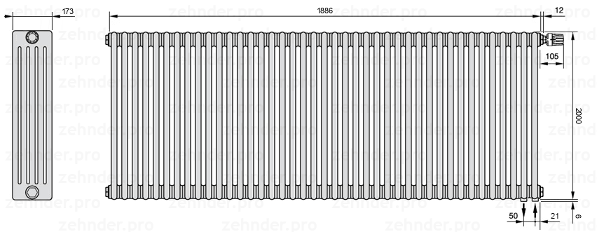 Схема (чертеж) Радиатор Zehnder Charleston 5200/41 №V002 Белый глянцевый RAL 9016